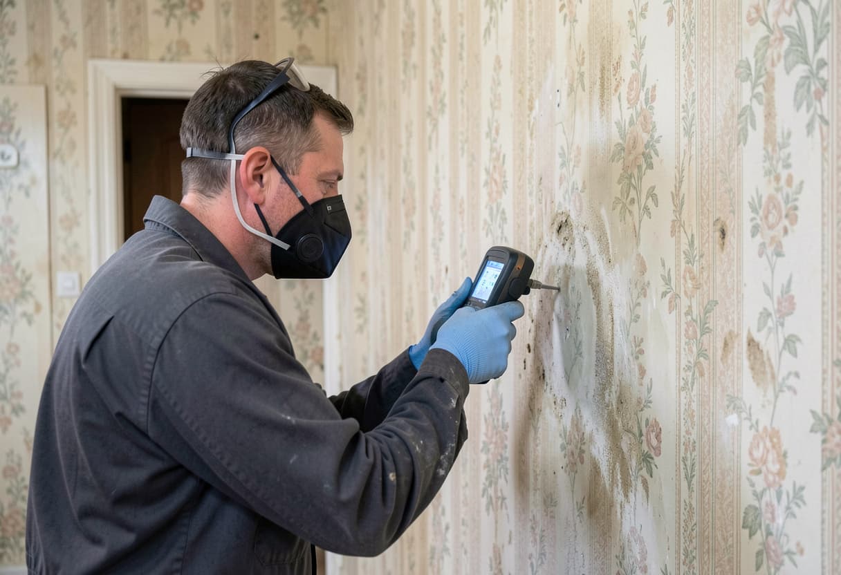 Restoration technician checking moisture levels at a property