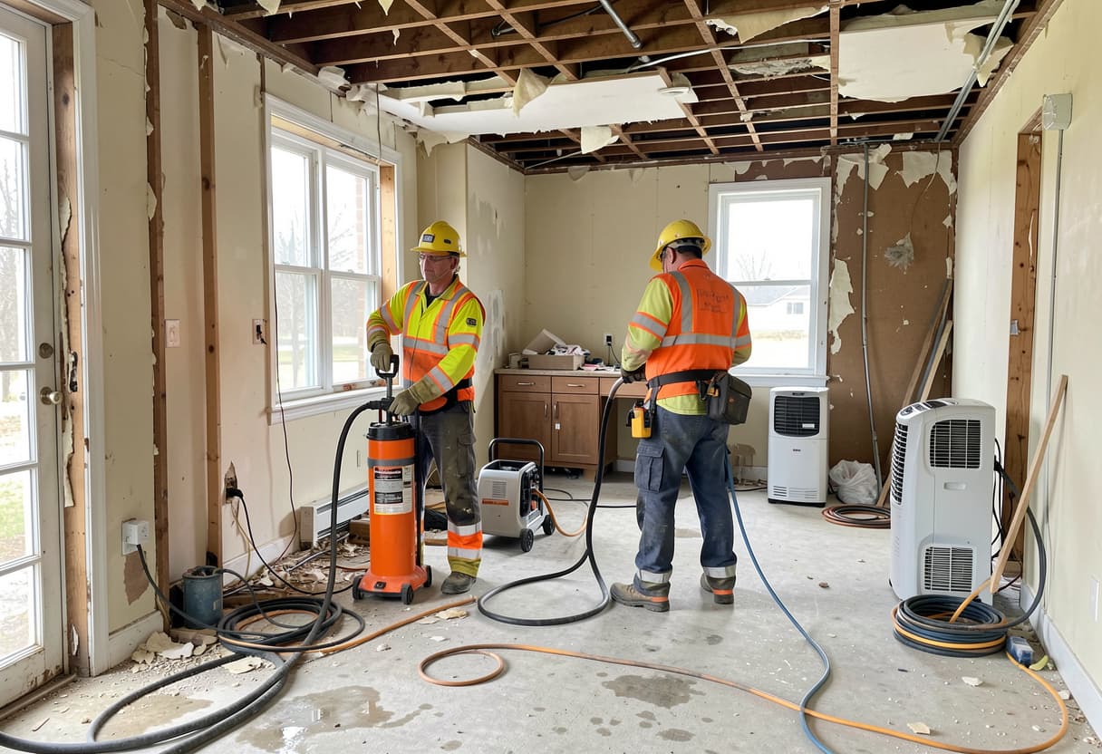 Commercial drying equipment setup in a water-damaged room